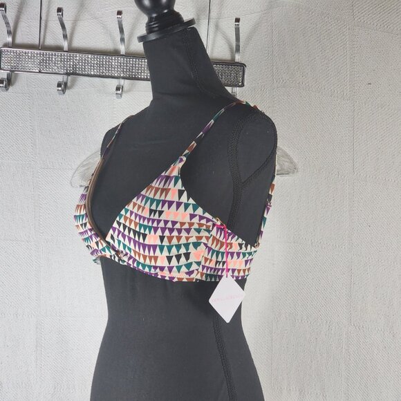 Vanilla/Beach Purple Multi Color Triangle Print Lined Nylon Span Bikini Top Sz M - Picture 6 of 16